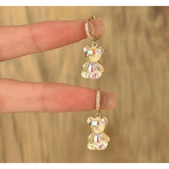 Gold Crystal Iridescent Gummy Bear Lever Back Earrings - Picture 6 of 7